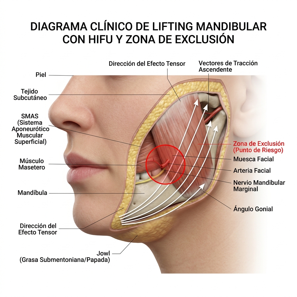Técnica de tracción y vectorización en el reborde mandibular evitando la arteria facial y rama marginal
