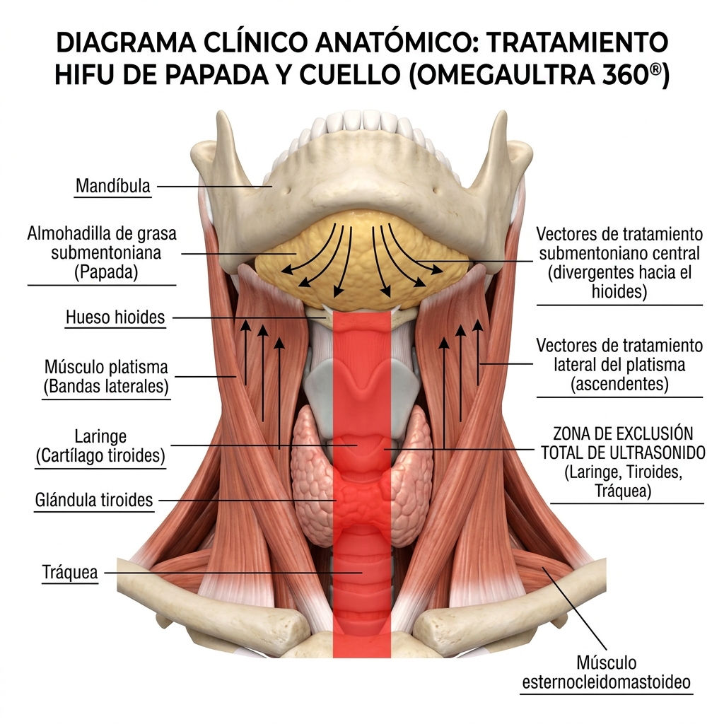 Vectores de tratamiento en zona submentoniana y platismo lateral respetando el eje tiroideo