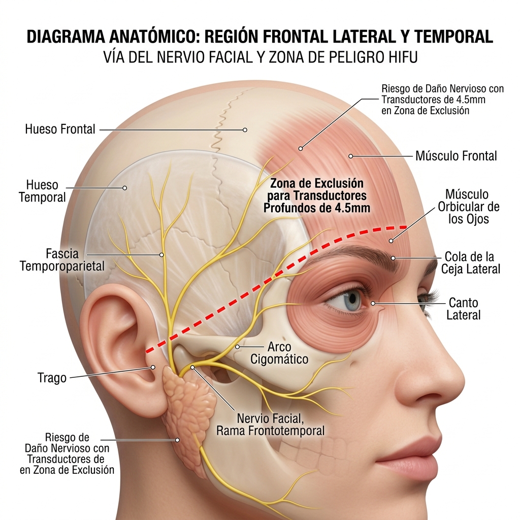 Detalle anatómico del trayecto del nervio temporofacial y marcaje de la zona de exclusión temporal