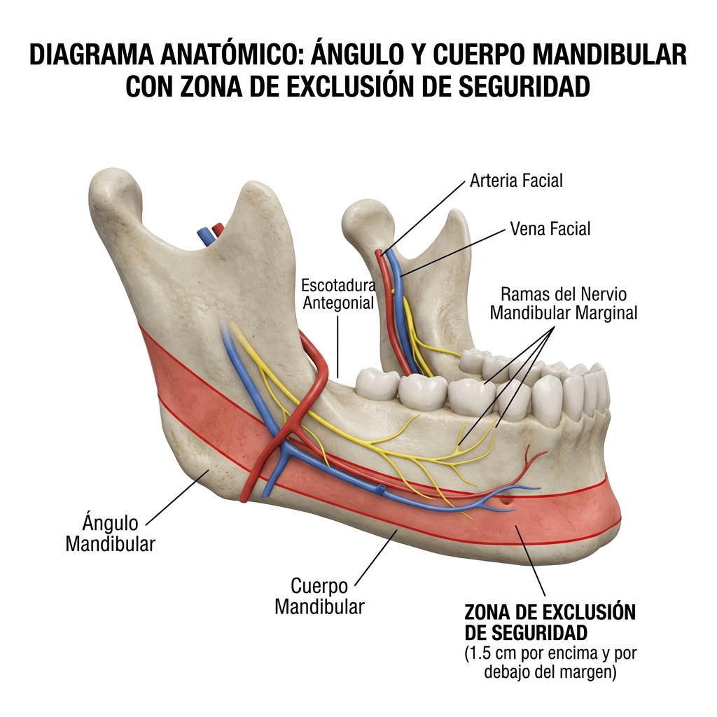 Detalle anatómico de la rama marginal mandibular cruzando la escotadura mandibular y margen de seguridad