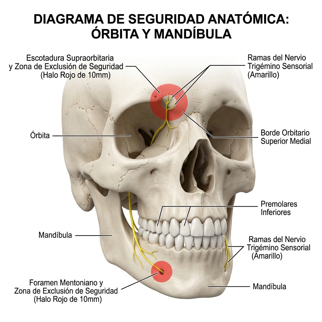Localización y radio de seguridad de 10 mm en foramen supraorbitario y foramen mentoniano