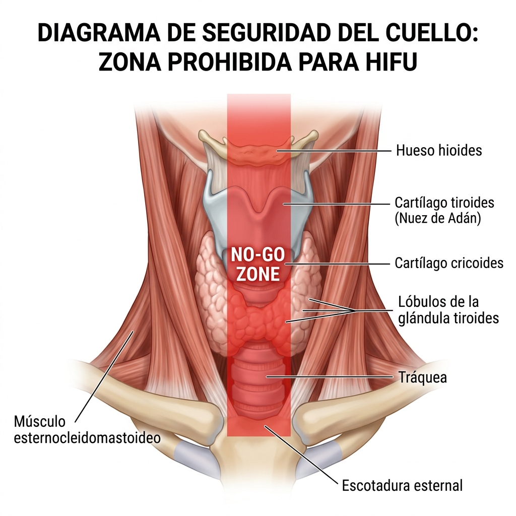 Banda de exclusión vertical anterior de 4 cm sobre laringe, cartílago tiroides y glándula tiroides