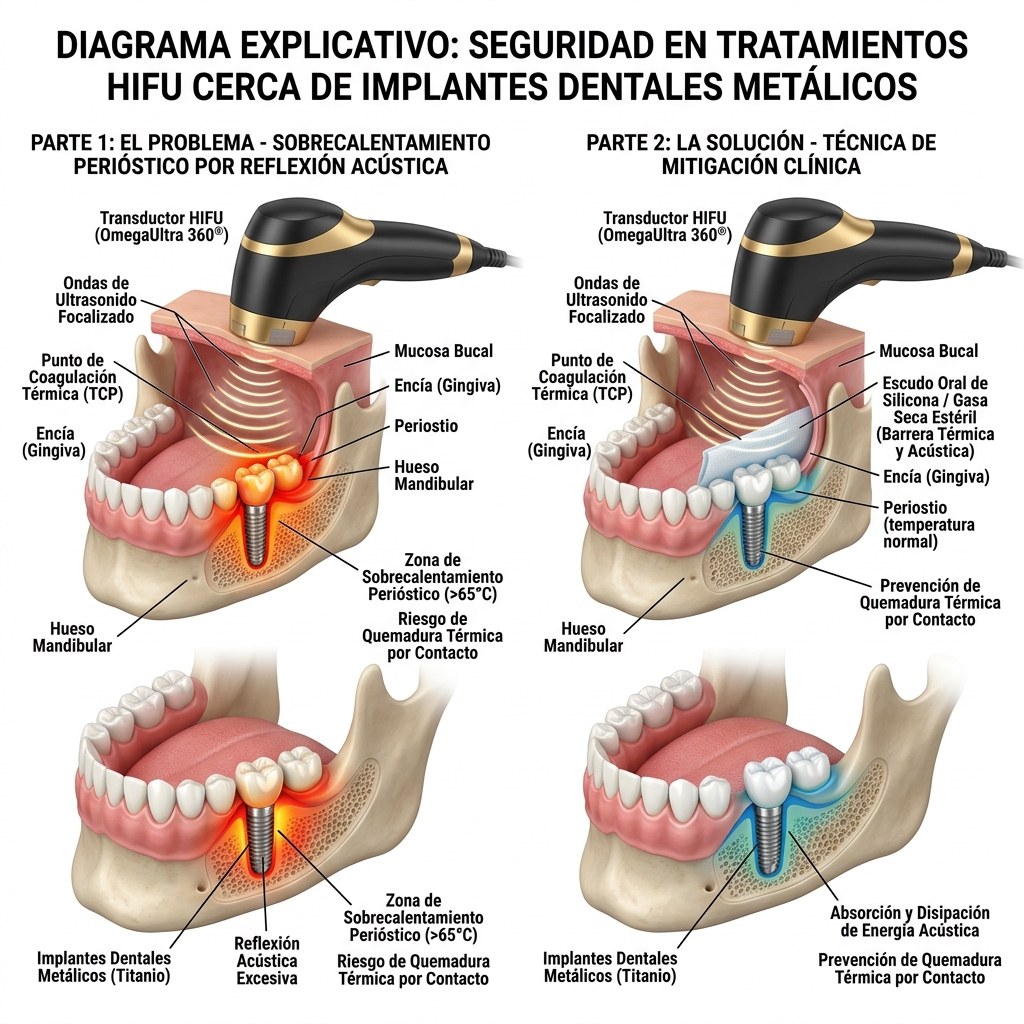 Esquema físico de reflexión acústica en metal y técnica de protección con protector bucal/gasa