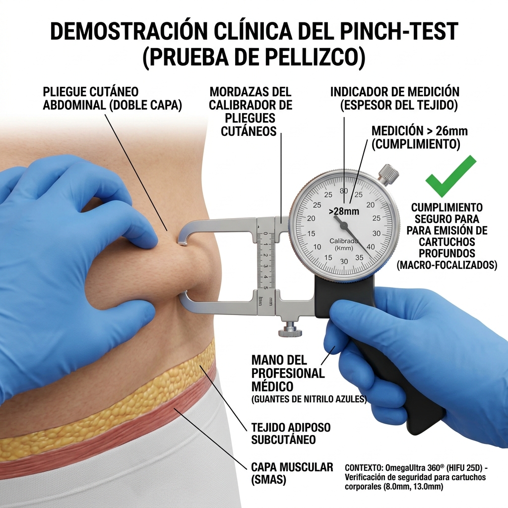 Maniobra clínica del Pinch-Test con plicómetro para validar el espesor mínimo de grasa subcutánea