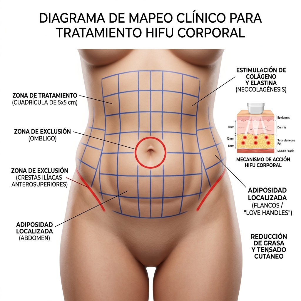Mapeo corporal en cuadrículas de 5x5 cm en abdomen y flancos excluyendo el ombligo y crestas ilíacas