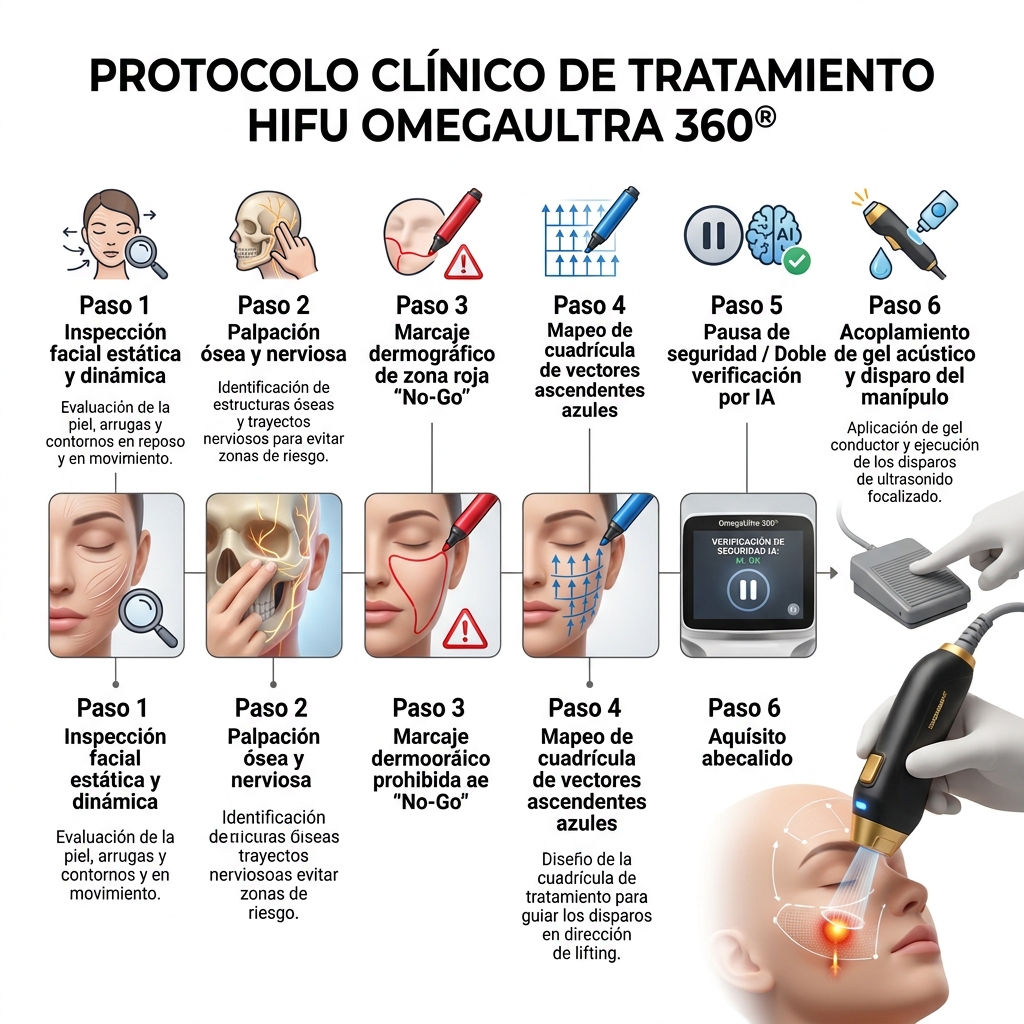 Infografía secuencial de flujo de trabajo clínico de 6 pasos para marcación y seguridad