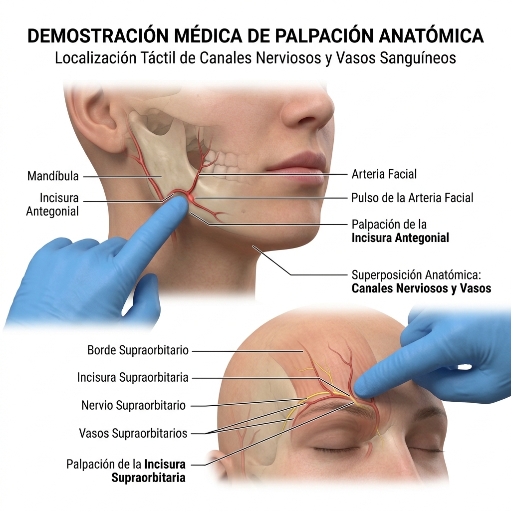 Técnica manual de palpación digital para localizar relieves óseos y pulso vascular facial