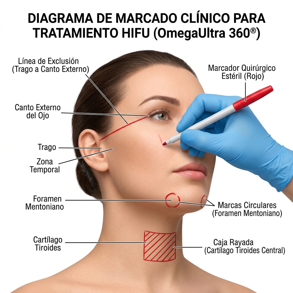 Trazado con marcador quirúrgico rojo de las zonas de exclusión en rostro y cuello