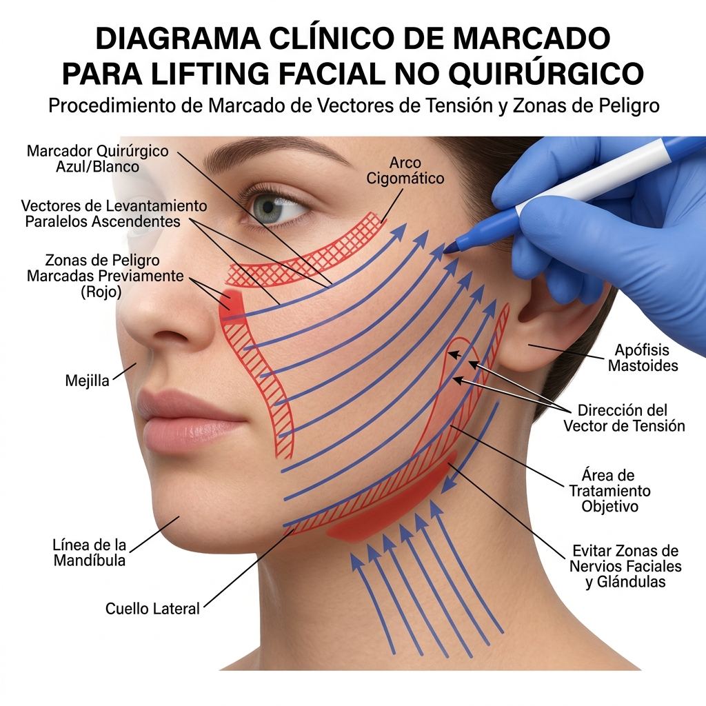 Trazado de vectores ascendentes de tratamiento con dermógrafo azul sobre mejilla y cuello lateral