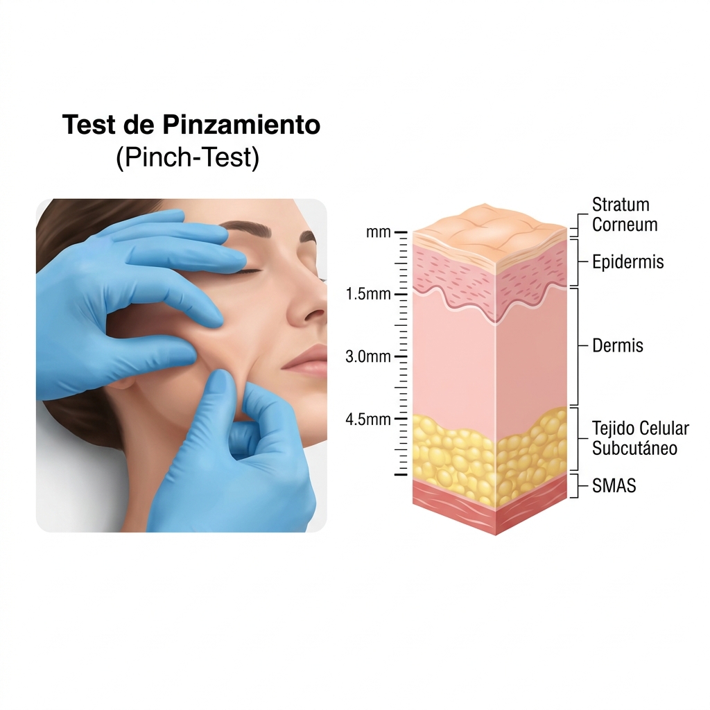 Diagrama de evaluación física pre-tratamiento con técnica de pinzamiento (pinch-test) y capas dérmicas