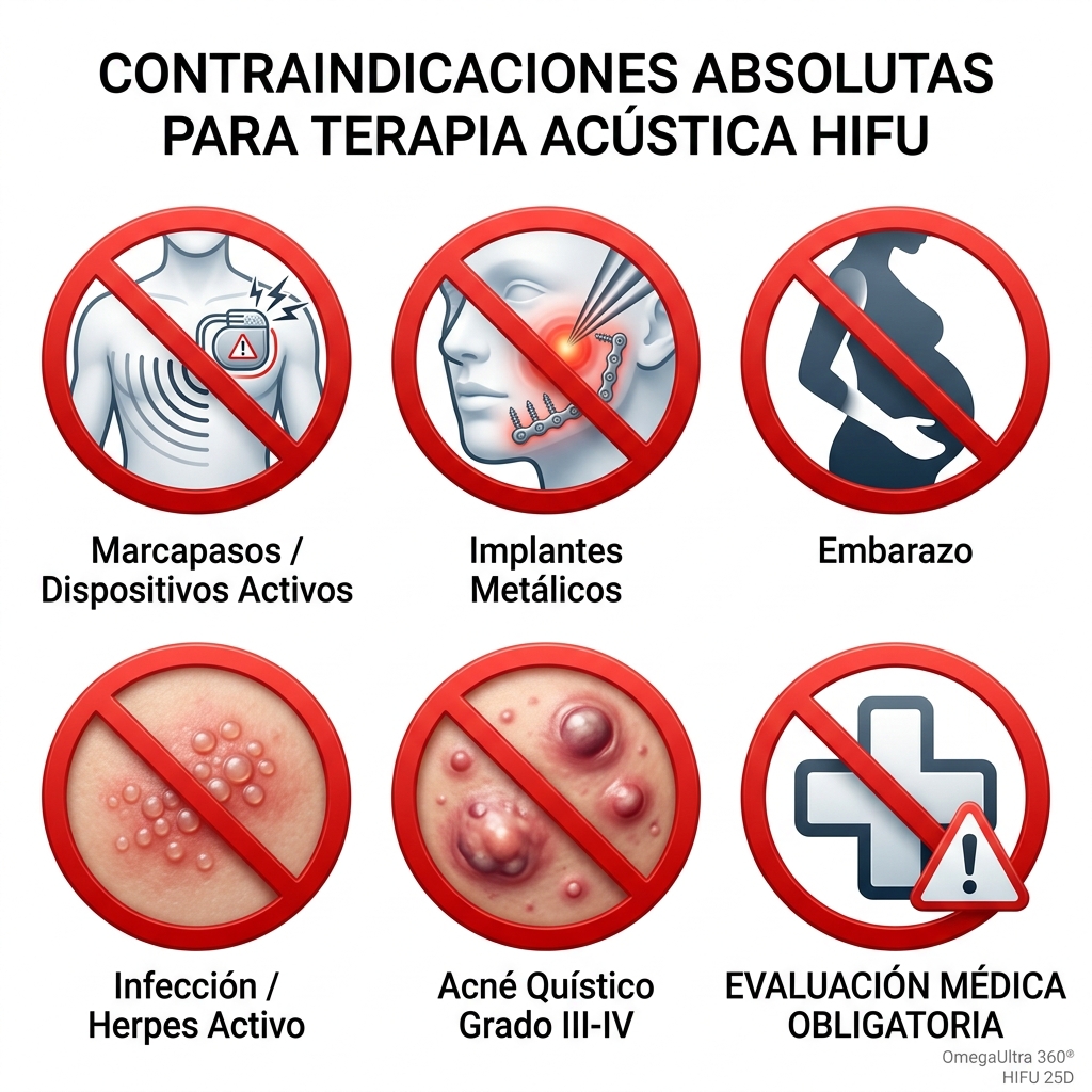 Infografía médica de contraindicaciones absolutas para ultrasonido focalizado (HIFU)