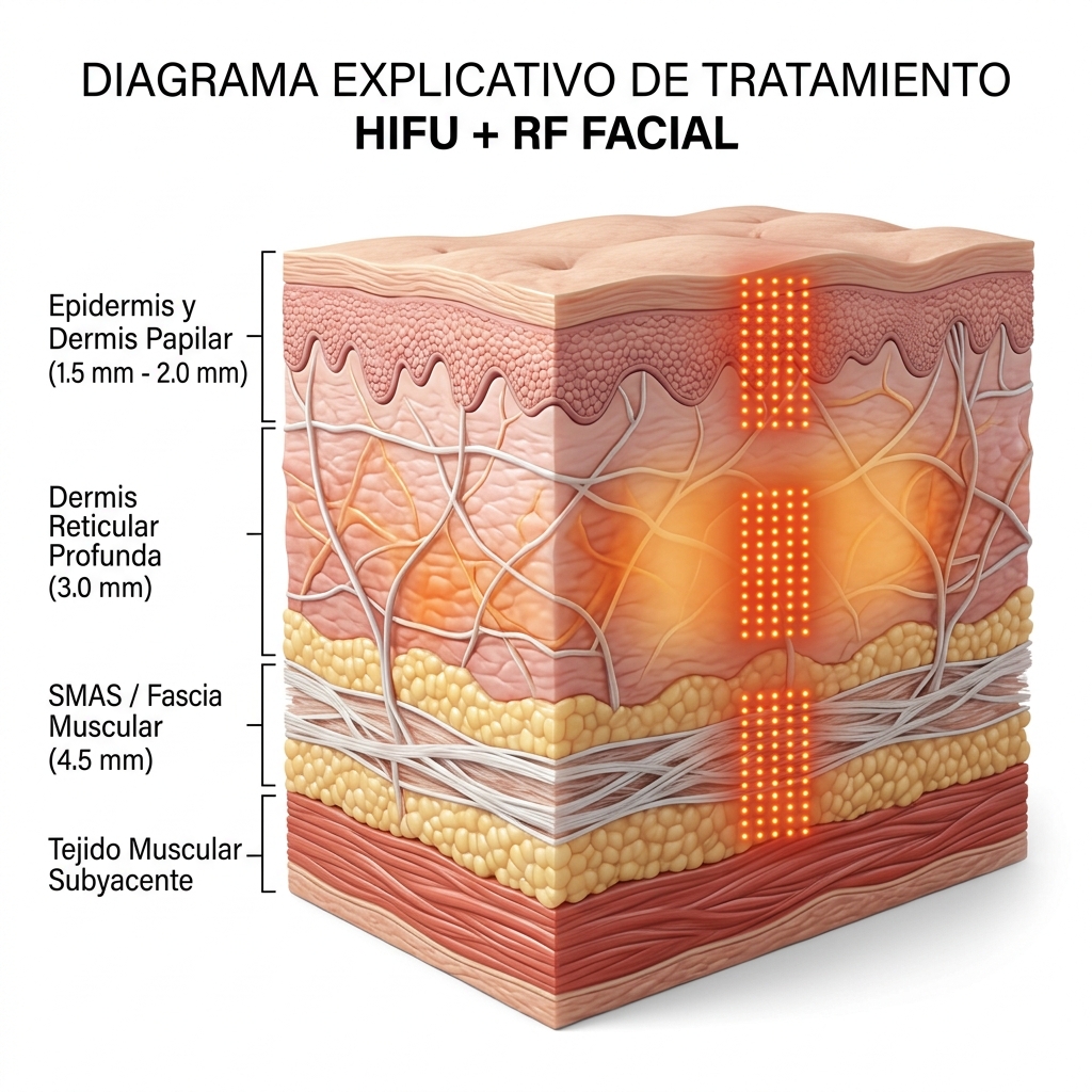 Diagrama de sección transversal de la piel que muestra la estratificación de energía térmica HIFU por capas anatómicas.