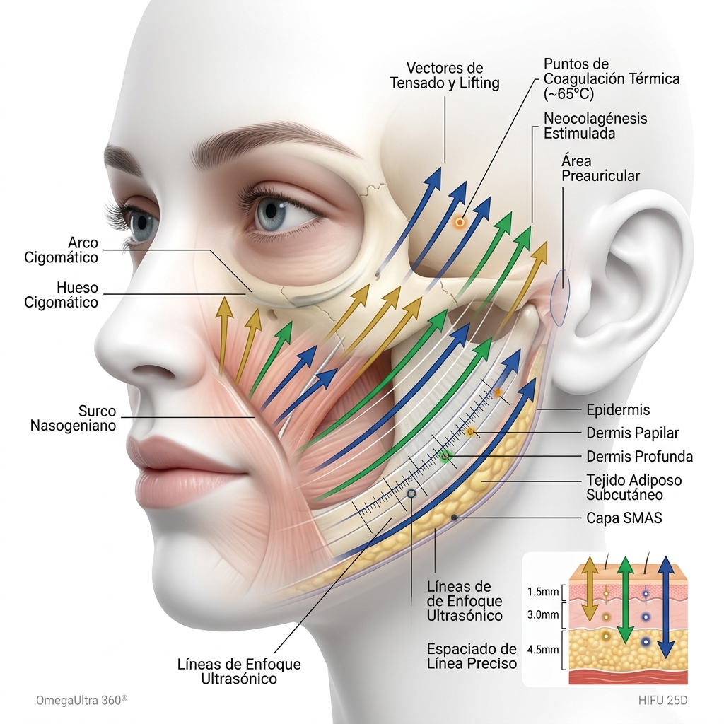 Mapa vectorial facial del tercio medio mostrando la triple estratificación a 4.5 mm, 3.0 mm y 1.5 mm.