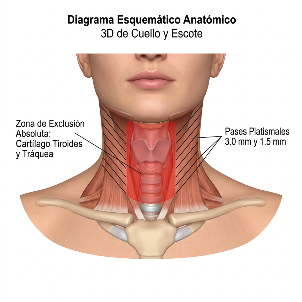 Diagrama de seguridad y vectorización en cuello con exclusión tiroidea y traqueal.