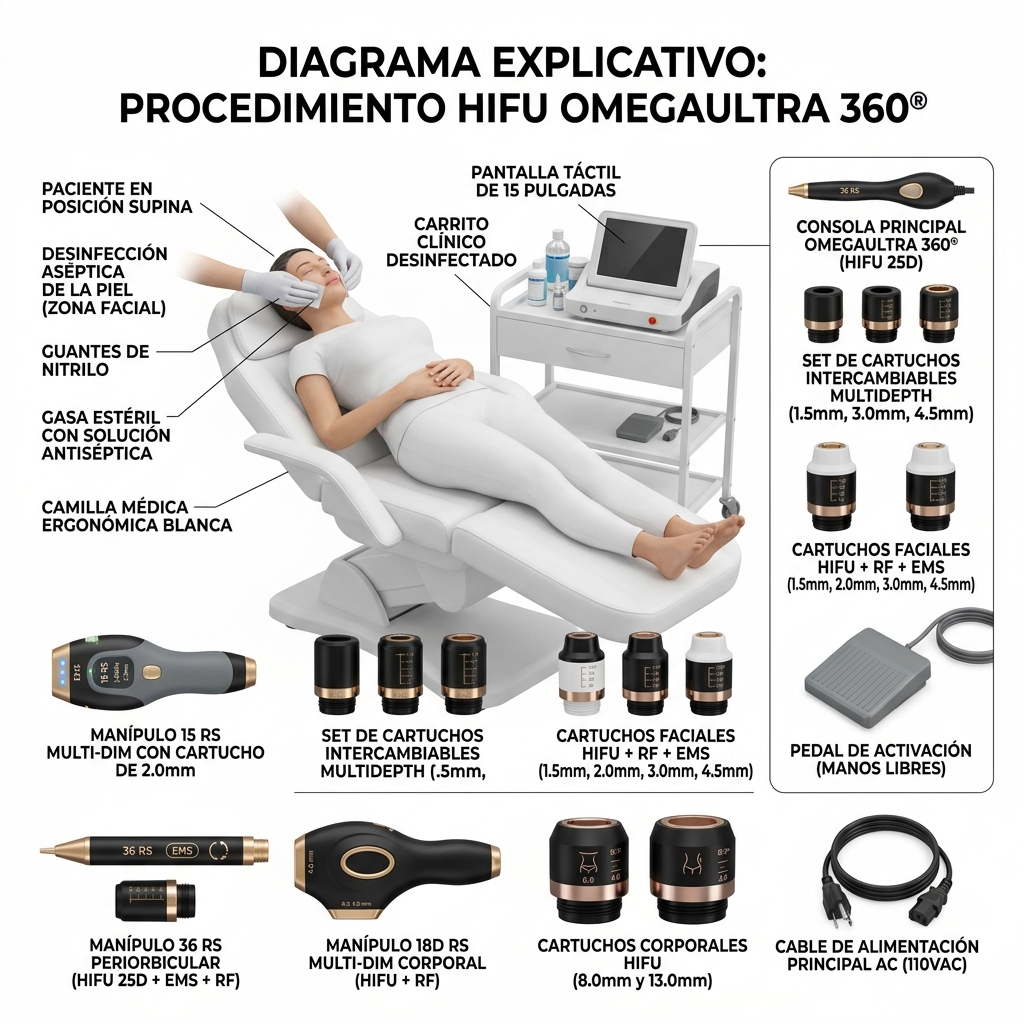Preparación del paciente en decúbito supino, limpieza tisular y verificación preoperatoria.