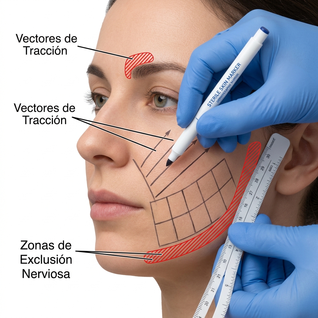 Marcado facial con lápiz dermográfico blanco mostrando cuadrículas, vectores y zonas de exclusión nerviosa.
