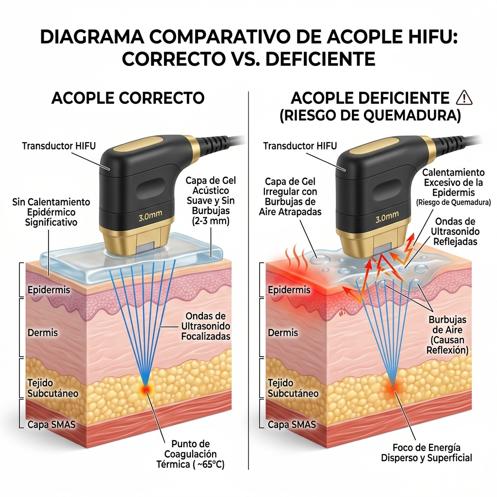 Comparativa técnica entre acople ultrasónico correcto homogéneo vs acople deficiente con burbujas de aire.