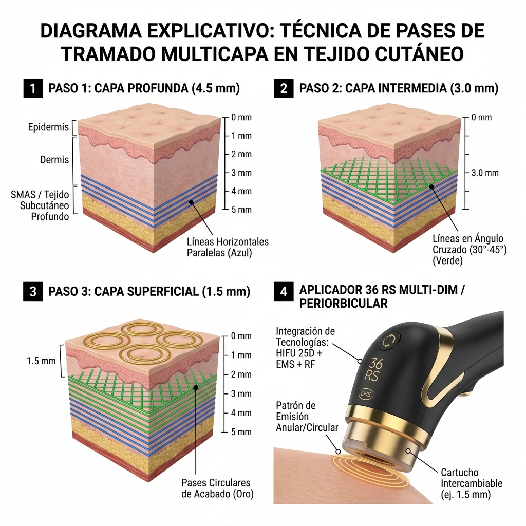 Patrón de barrido cruzado multiestrato (4.5 mm, 3.0 mm y 1.5 mm) en cuadrícula dérmica.