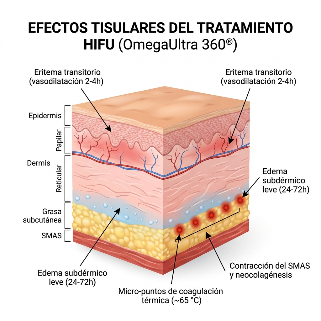 Diagrama de sección transversal de la piel que ilustra las respuestas fisiológicas normales tras la aplicación de HIFU (eritema dérmico, edema y puntos de coagulación en SMAS).