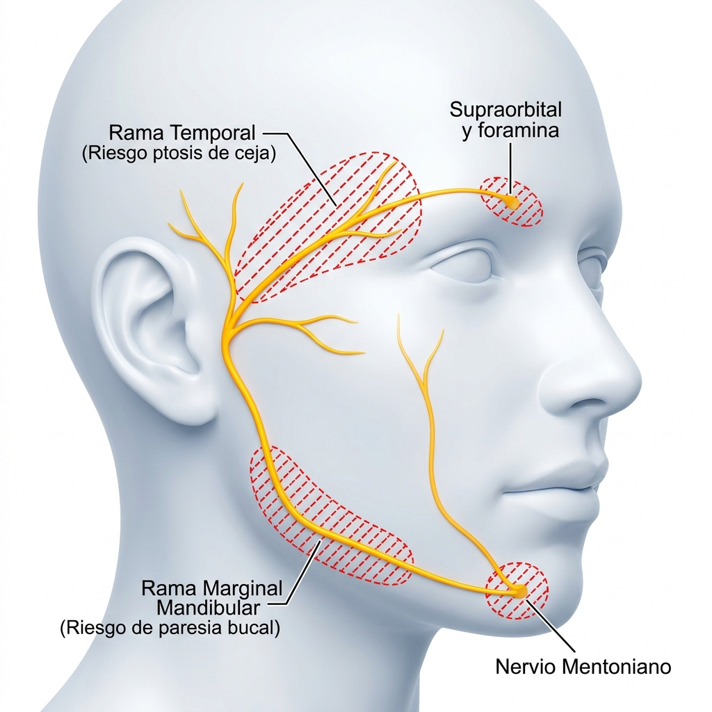 Mapa facial de zonas anatómicas de riesgo neurológico y ramas del nervio facial.