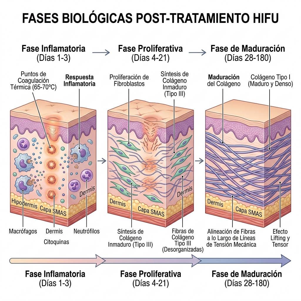 Diagrama de la cascada biológica tisular post-HIFU en 3 fases