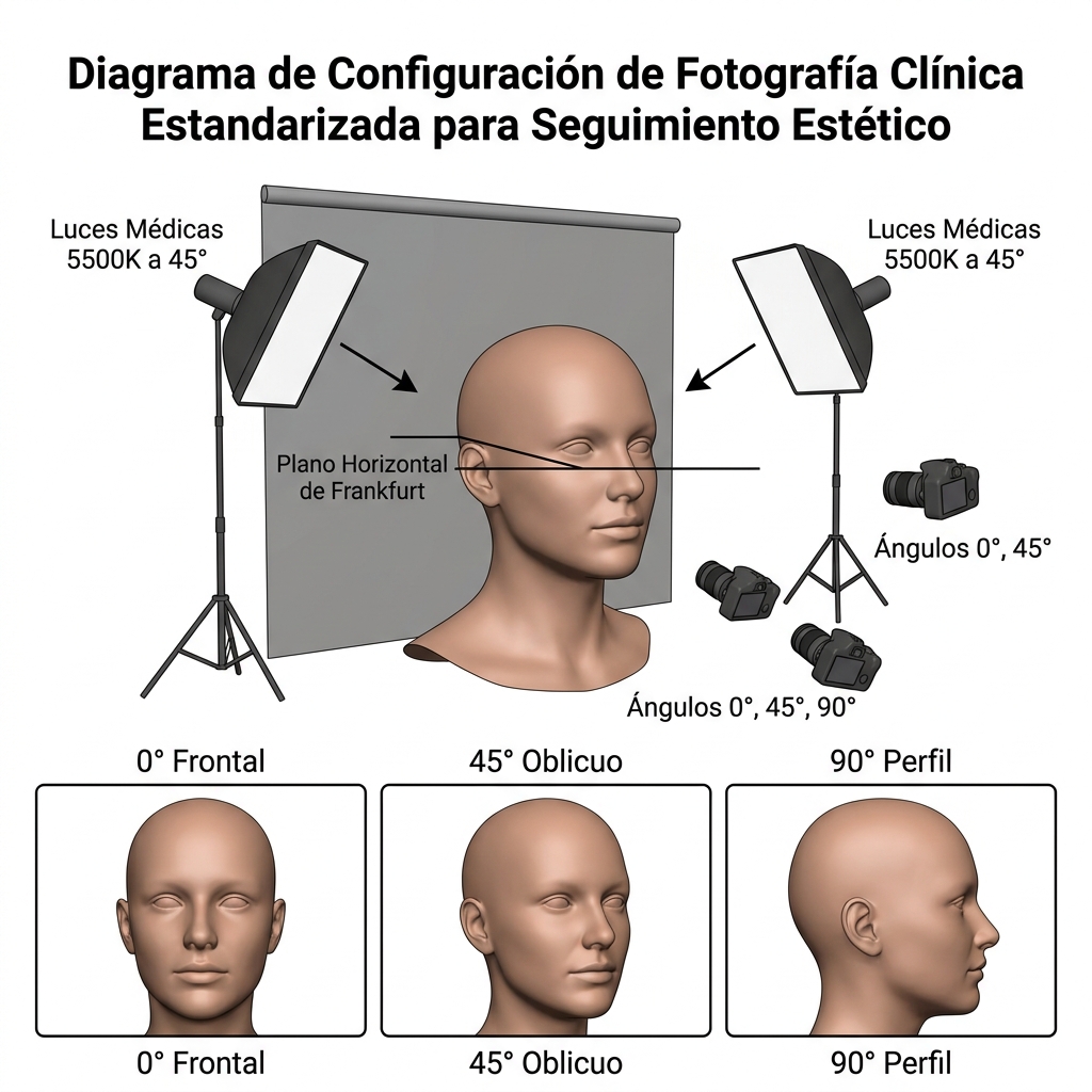 Esquema técnico de estandarización fotográfica clínica y plano de Frankfurt