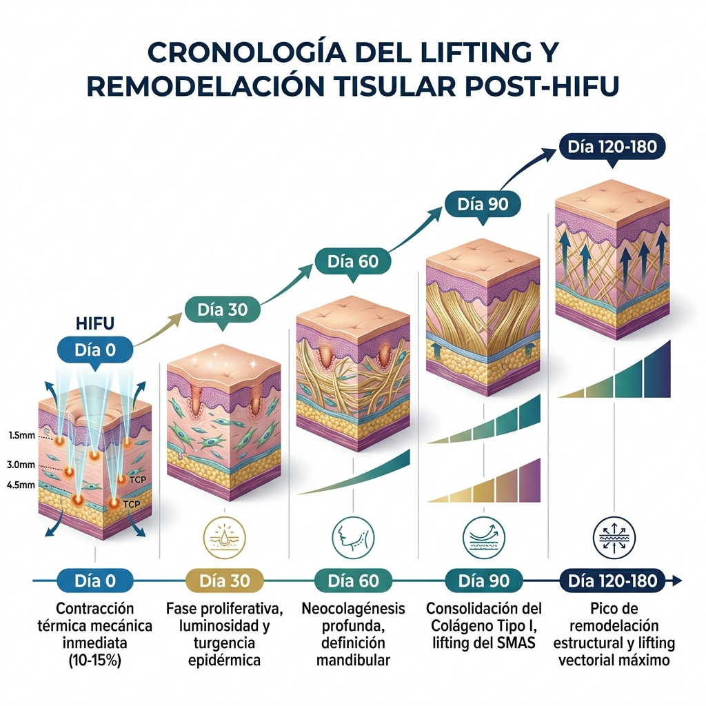 Línea de tiempo de evolución clínica post-HIFU (Día 0 a Día 180)