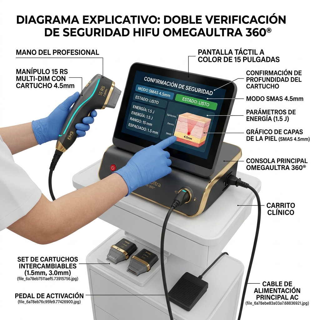 Pausa de seguridad pre-disparo verificando parámetros en la pantalla táctil de 15 pulgadas