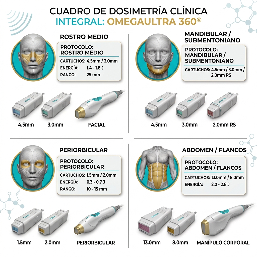 Tabla gráfica/infografía técnica de dosimetría, profundidades y energía por región anatómica