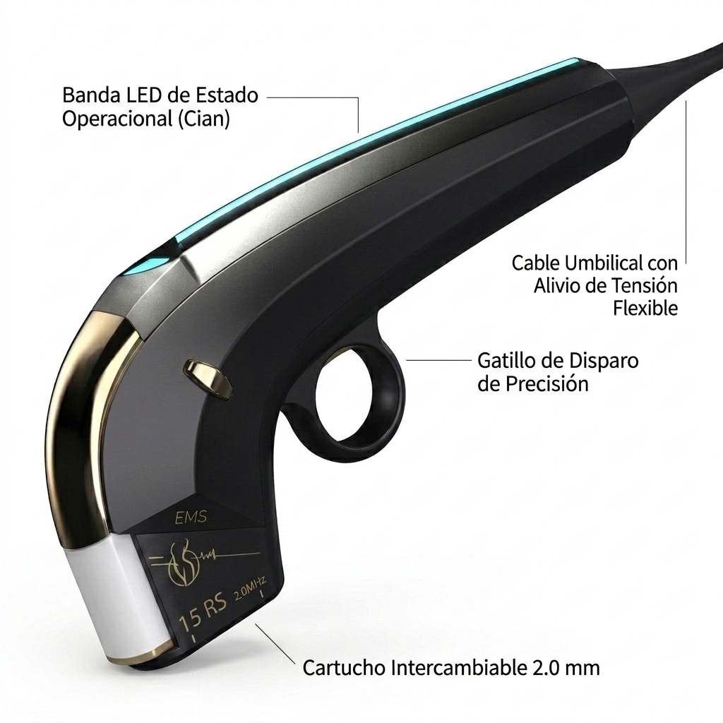 Manípulo 15 RS Multi-Dim en posición activa de 45 grados mostrando sus componentes, gatillo y cartucho acoplado