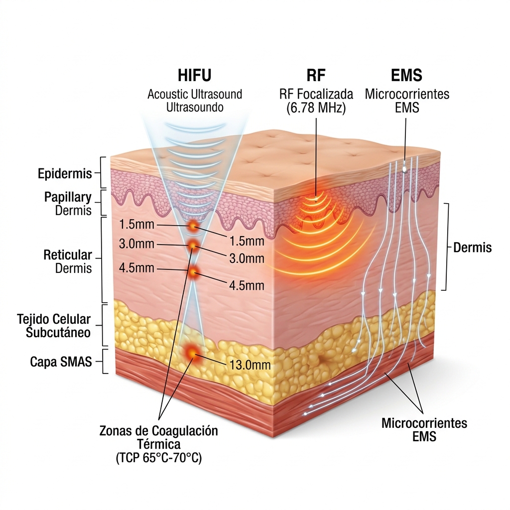 Diagrama biofísico de penetración cutánea comparando HIFU, RF a 6.78 MHz y EMS a través de los estratos dérmicos hasta la capa SMAS y tejido adiposo