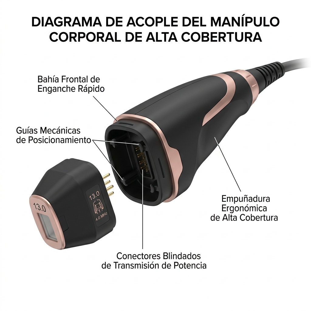 Diagrama de acople del Manípulo Corporal de Alta Cobertura mostrando las guías mecánicas y bahía de inserción