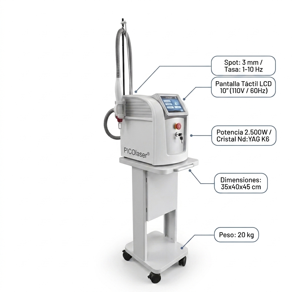 Esquema técnico frontal e isométrico de la consola PICOLaser® con llamada de especificaciones y dimensiones.