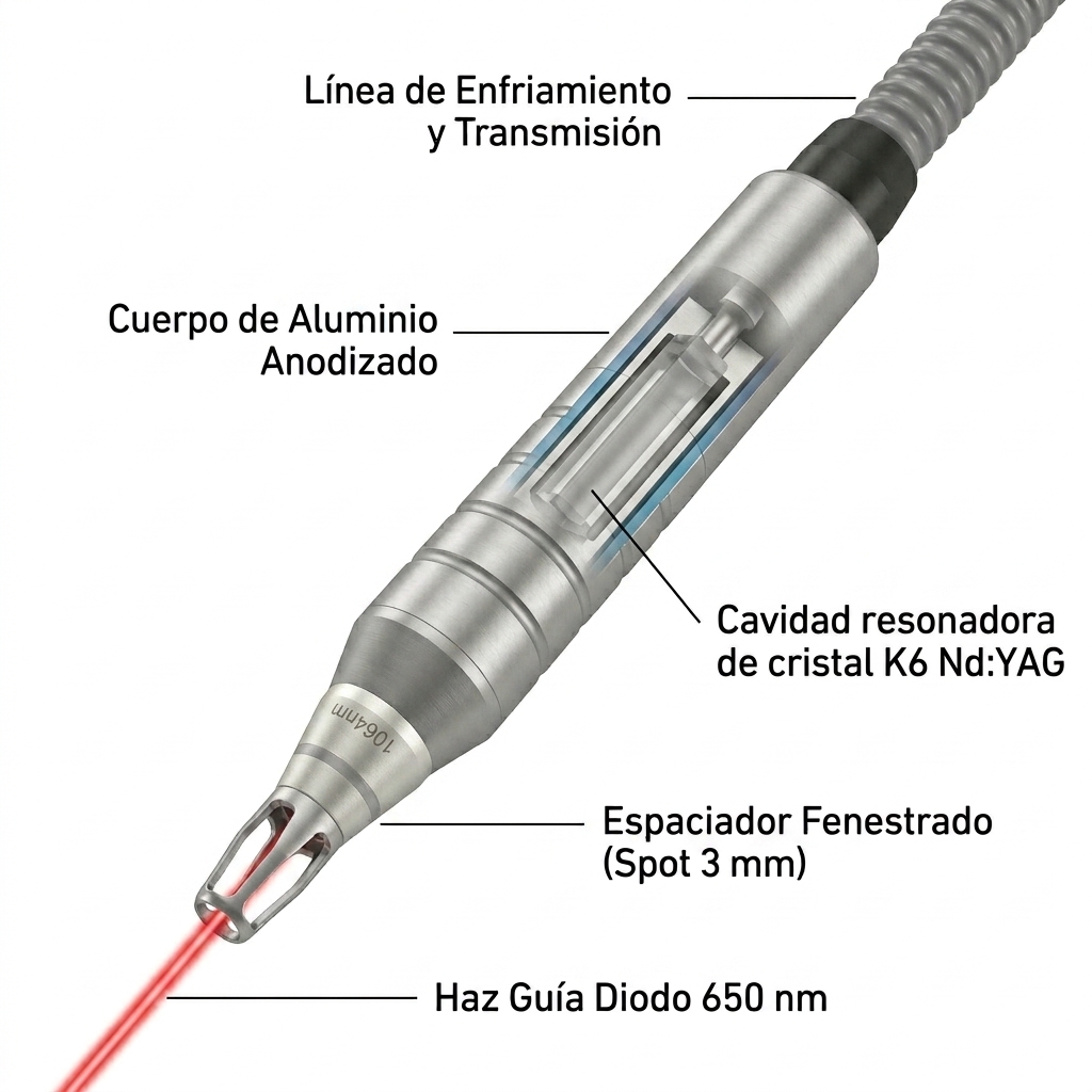 Vista en ángulo activo del manípulo óptico de aluminio anodizado en posición de trabajo proyectando el haz guía rojo de 650 nm.