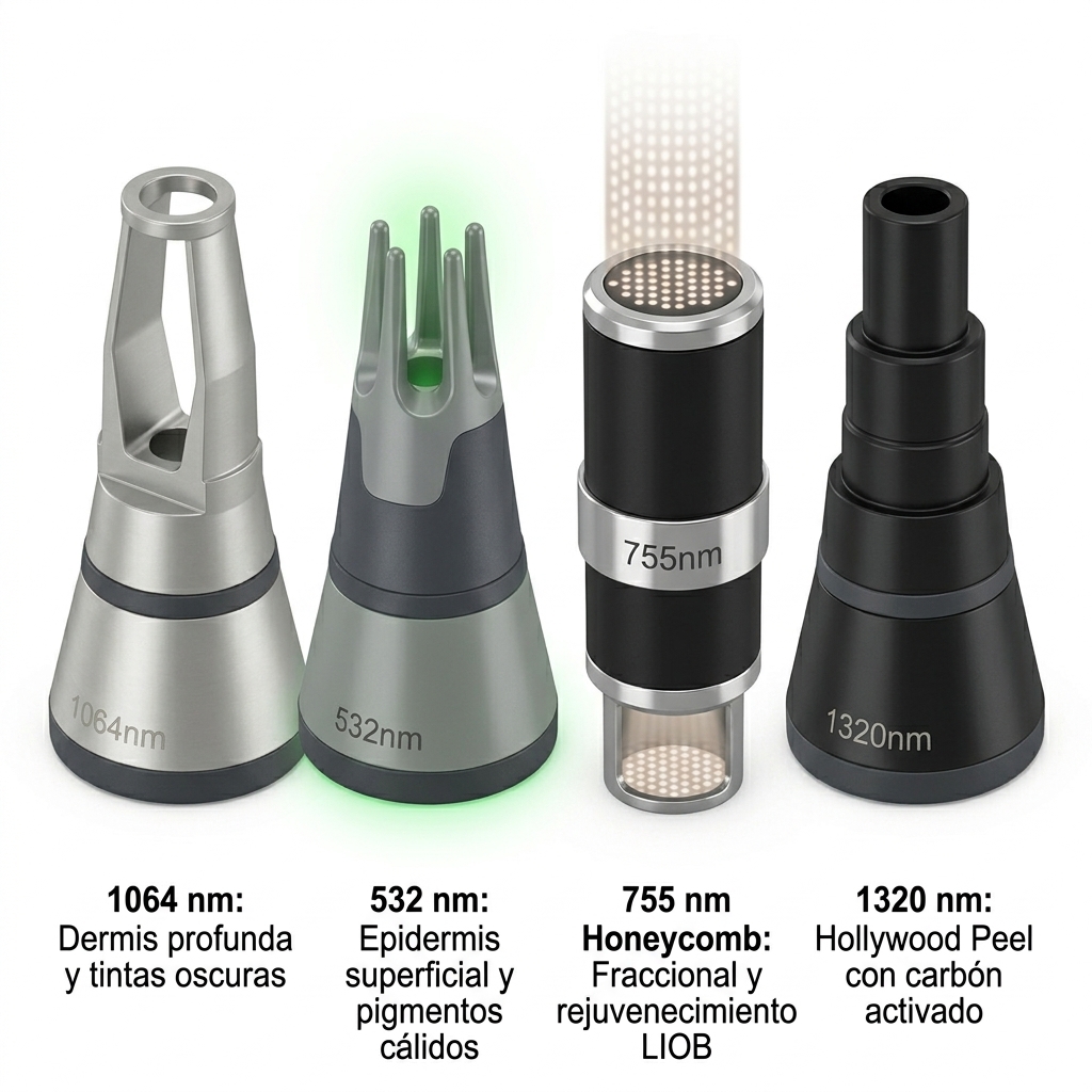 Composición comparativa de los 4 filtros ópticos intercambiables (1064nm, 532nm, 755nm Honeycomb, 1320nm Black Doll) con sus haces y aplicaciones.