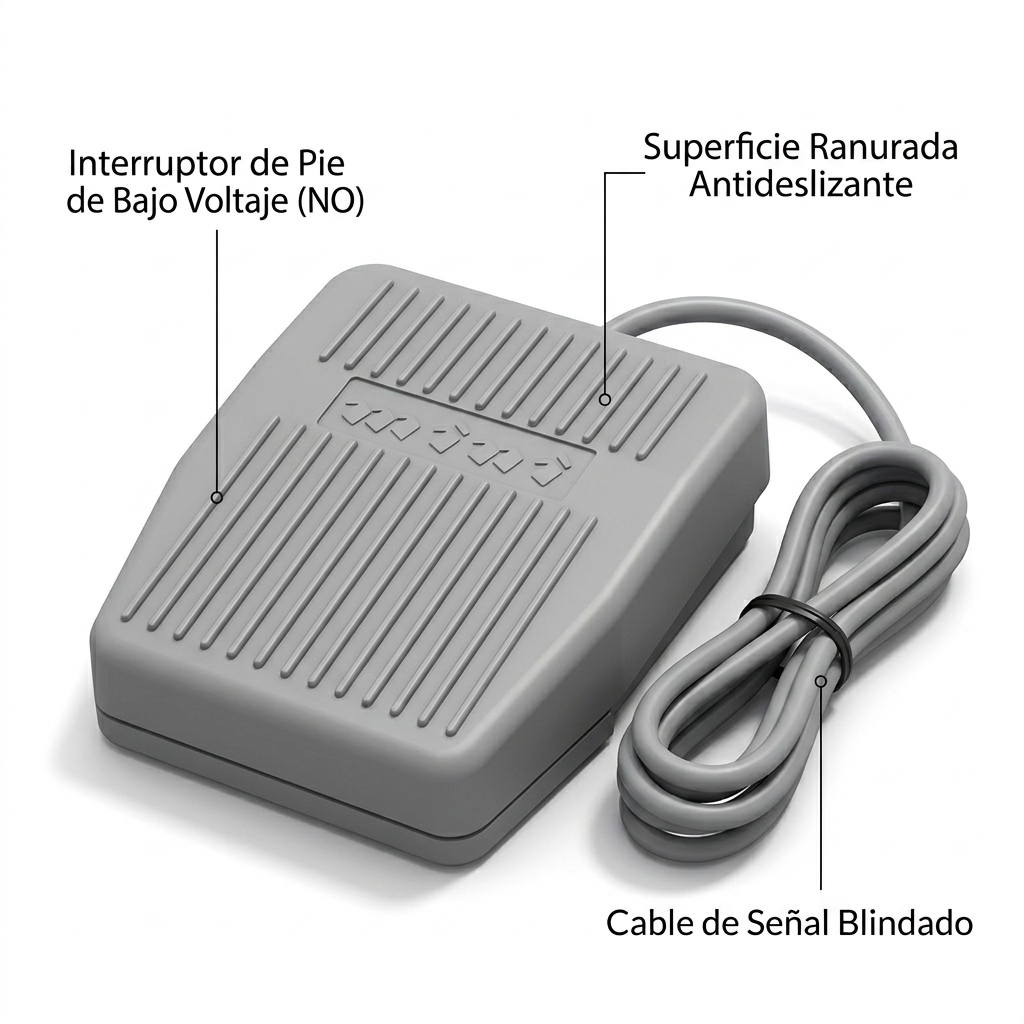 Vista en perspectiva 3D del pedal de activación con cable de conexión y detalles antideslizantes.
