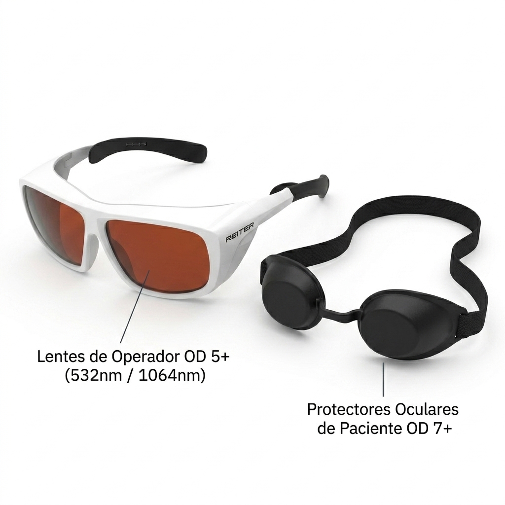 Conjunto de elementos de seguridad visual: gafas de protección para el operador y protectores oculares oclusivos para el paciente.