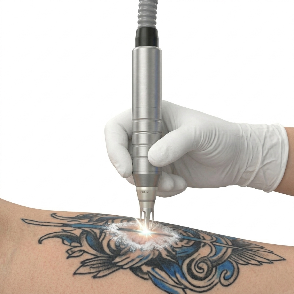 Aplicación clínica del manípulo con filtro 1064nm sobre tatuaje con efecto frosting