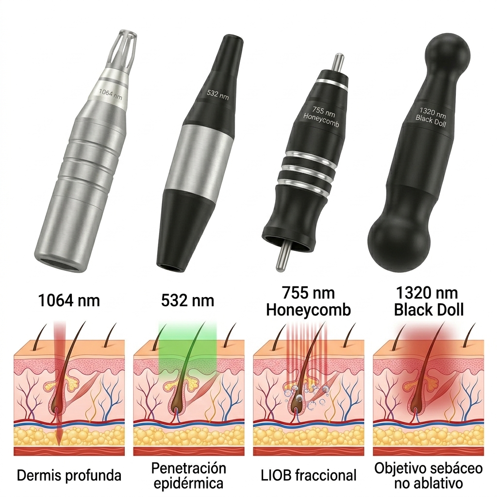 Comparativa de las 4 punteras ópticas (1064nm, 532nm, 755nm Honeycomb, 1320nm Black Doll) y penetración cutánea