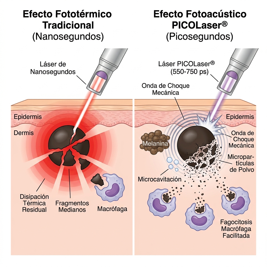 Diagrama biofísico comparativo del efecto fotoacústico de picosegundos frente al efecto fototérmico tradicional en la fragmentación del pigmento.