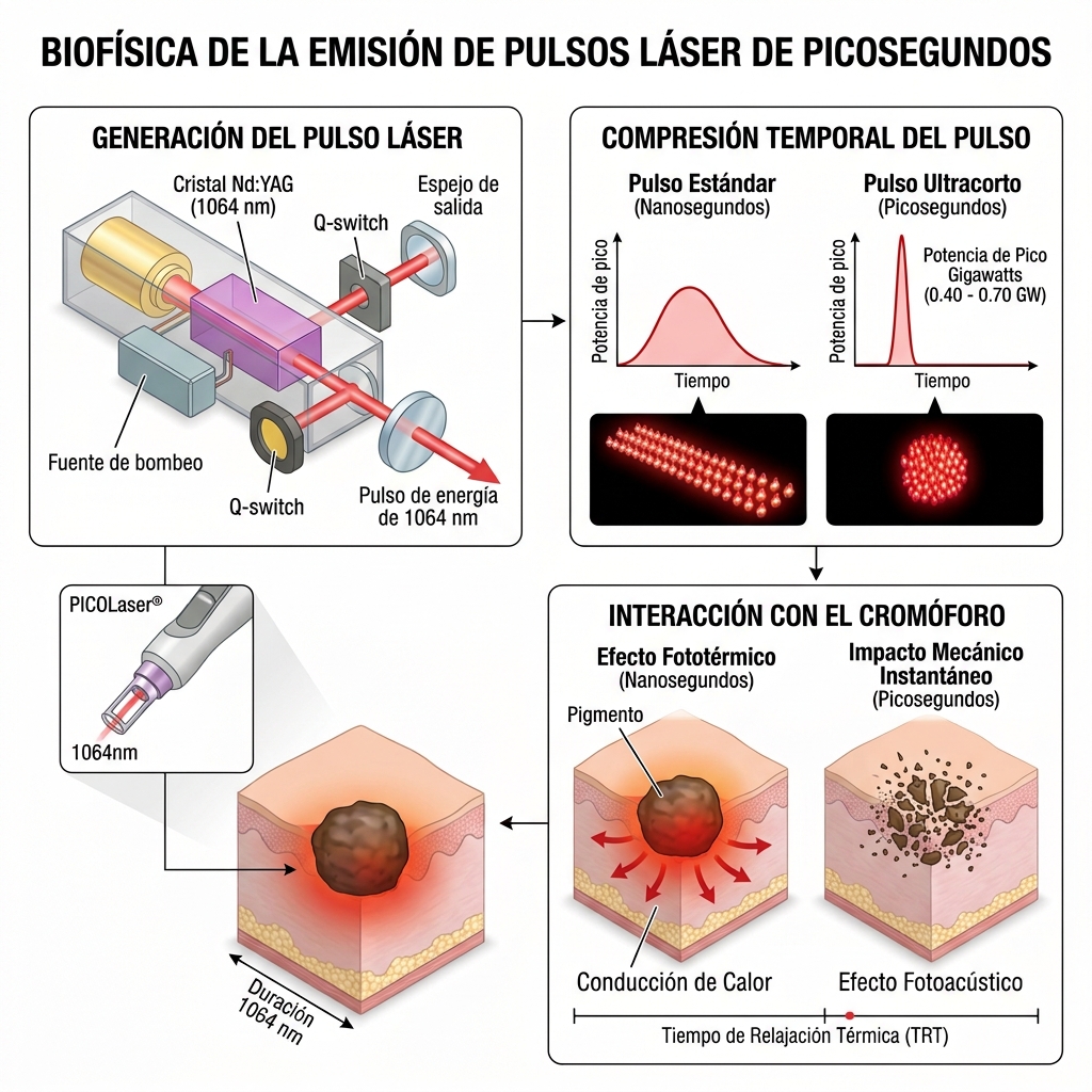 Diagrama biofísico de la emisión láser Nd:YAG en picosegundos con potencia pico de gigavatios y entrega energética ultrarrápida