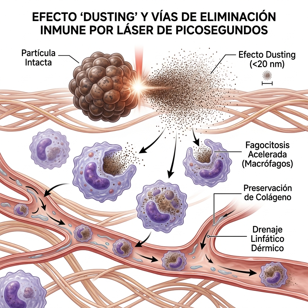 Ilustración celular del efecto de pulverización (Dusting Effect) y la fagocitosis por macrófagos y drenaje linfático
