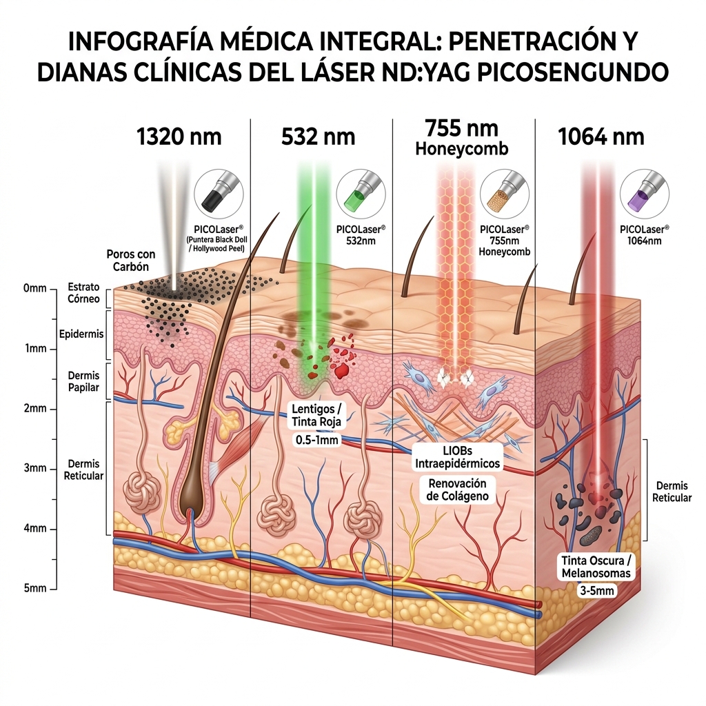 Diagrama de corte transversal cutáneo resumiendo las 4 longitudes de onda y sus profundidades de penetración tisular
