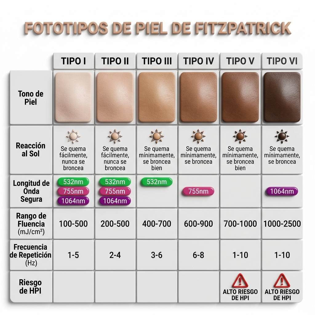 Infografía comparativa de fototipos de Fitzpatrick y parámetros de seguridad en picosegundos