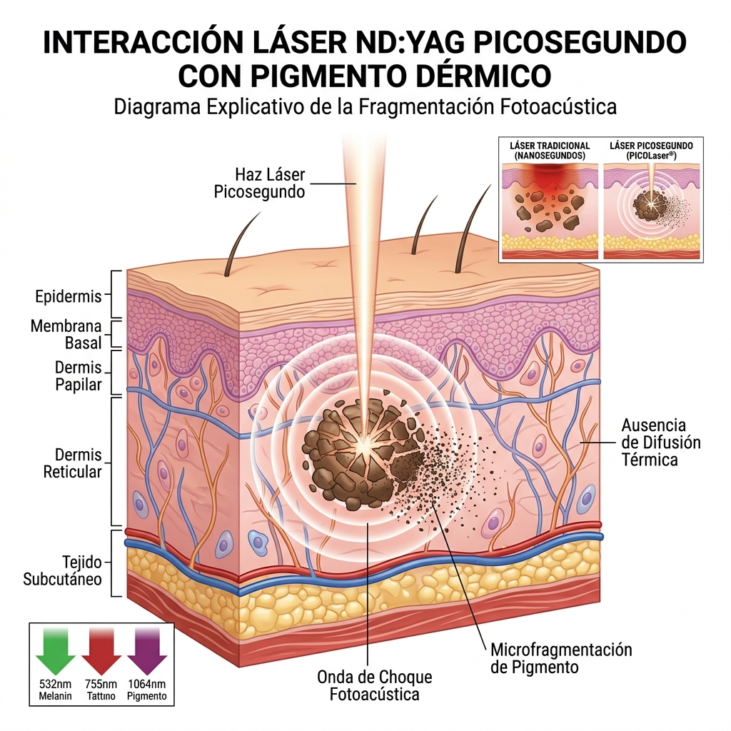 Diagrama de sección transversal de la piel que muestra la interacción fotomecánica de picosegundos frente al daño térmico convencional.