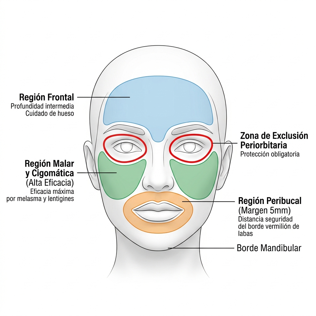 Mapa anatómico facial que ilustra las diferentes regiones de tratamiento y zonas de precaución.