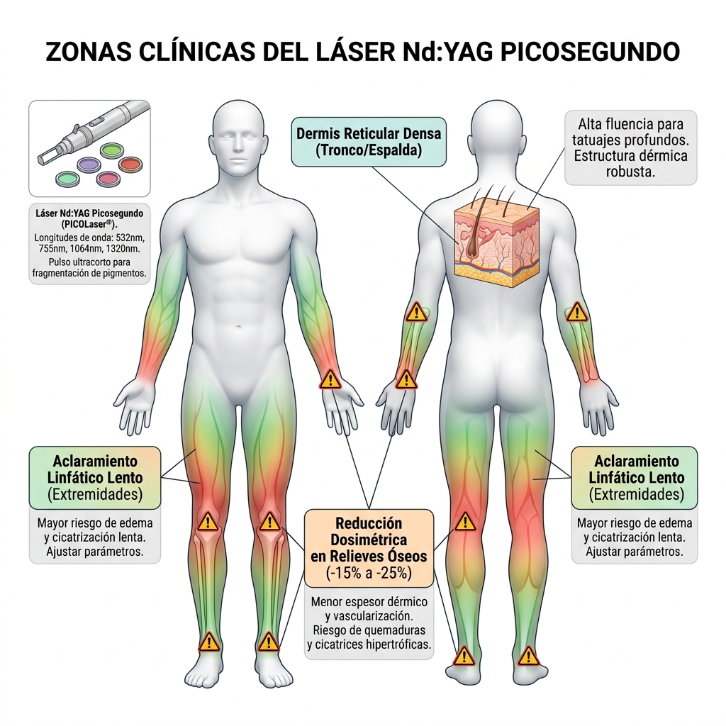 Mapa topográfico corporal que muestra consideraciones dosimétricas en tronco y extremidades.