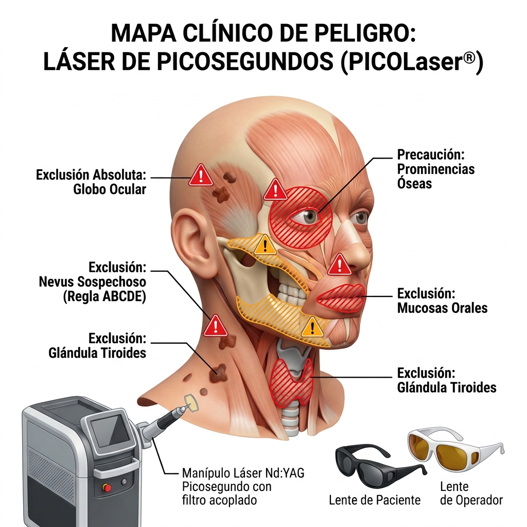 Diagrama de zonas anatómicas prohibidas y de riesgo crítico para la emisión láser.