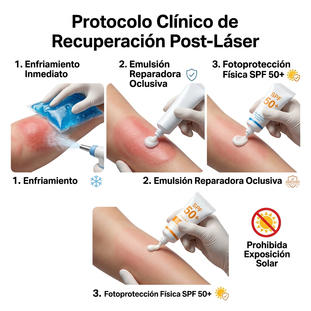 Protocolo de enfriamiento inmediato, aplicación de emulsión reparadora y fotoprotección.