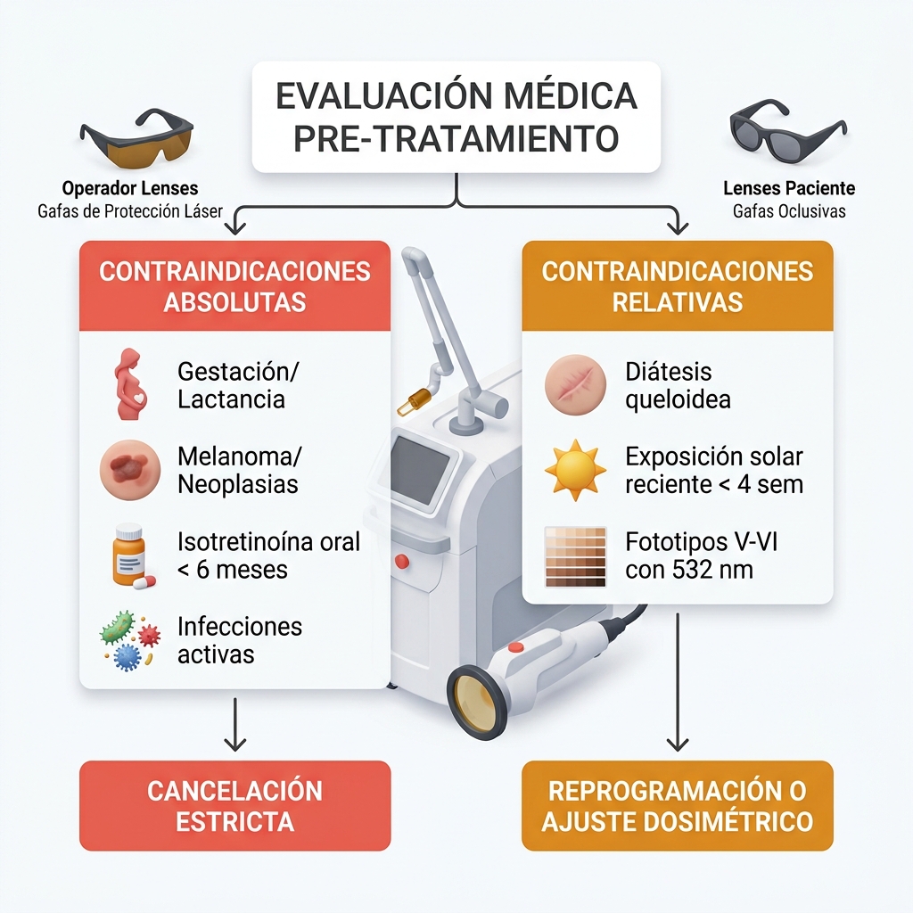 Diagrama de flujo clínico de evaluación médica y triaje de contraindicaciones